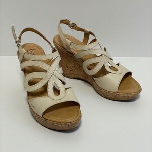 Boc Born Concept Cream Leather Cork Wedge Sandals Women's‎ Size 9
